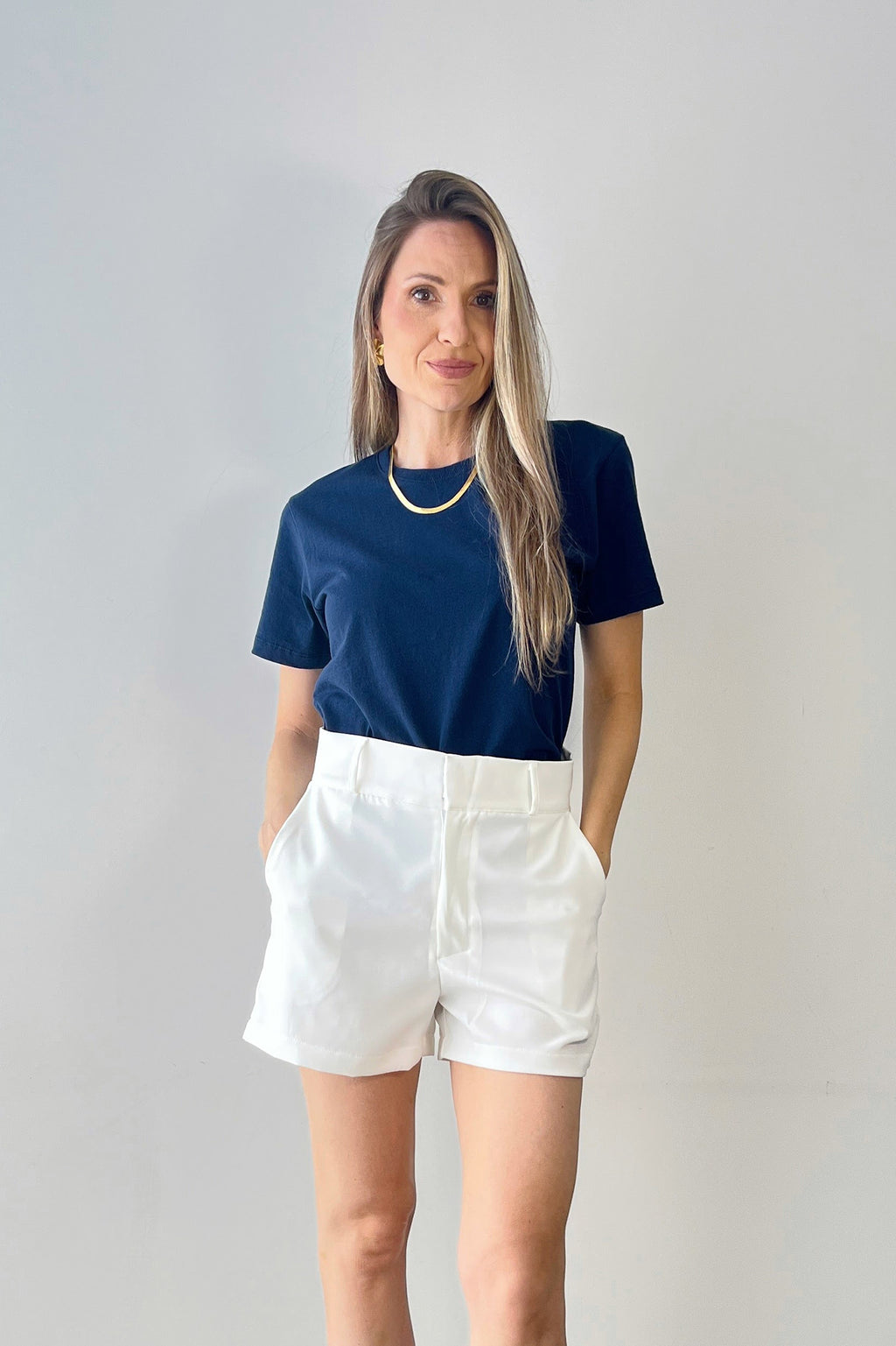 Camiseta Básica Manga Curta Feminina Algodão Azul Marinho