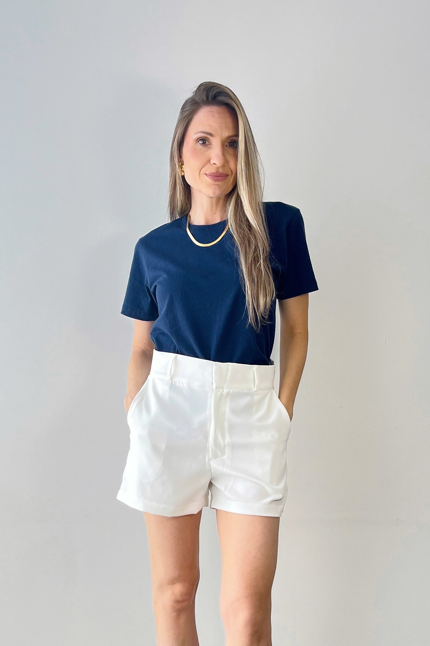 Camiseta Básica Manga Curta Feminina Algodão Azul Marinho